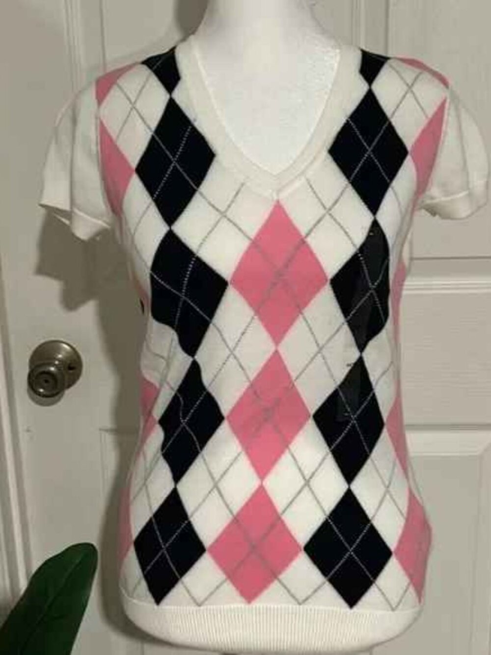 Tommy Hilfiger V-Neck Argyle Short Sleeve Shirt -Y2K- NWT Size: XS